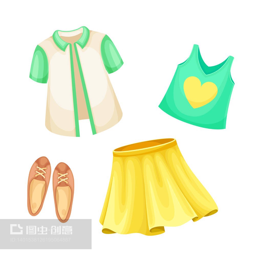 女孩套裝的夏季服裝。襯衫,背心,裙子和芭蕾舞鞋卡通矢量插圖